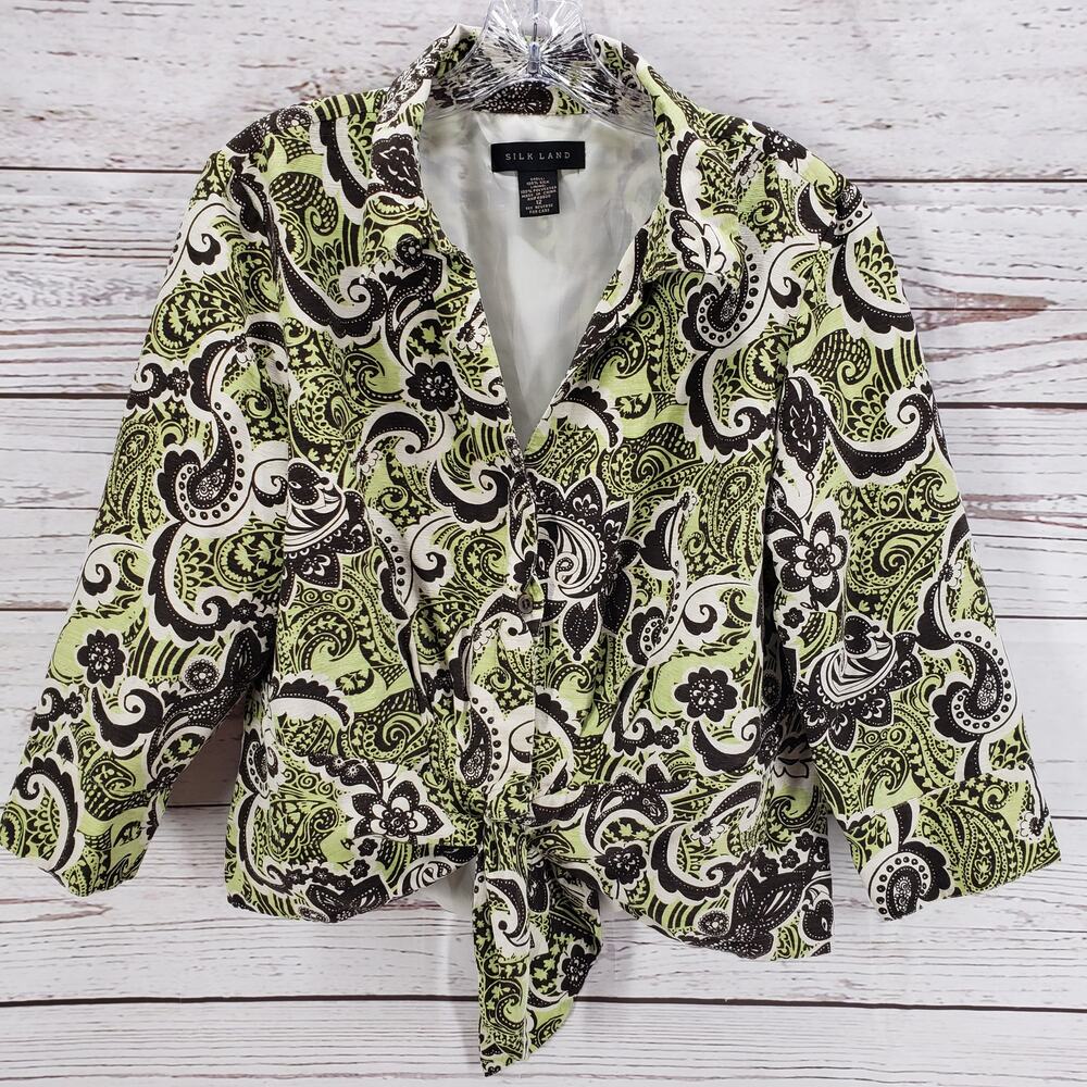 Silk Land Women's Silk Green Paisley Tie Front Button Up Jacket Size Large